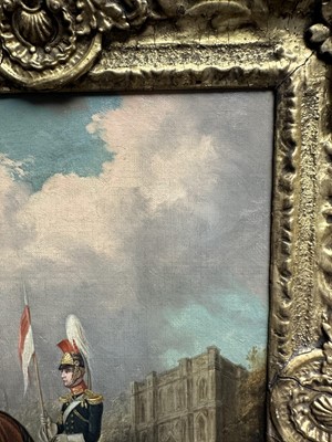 Lot 1122 - Attributed to Henry Martens (c.1790-1868) oil on canvas - Suffolk Yeomanry Cavalry, inscribed and dated 1845, 36cm x 25.5cm, in good gilt frame, together with a 19th century hand coloured engravin...