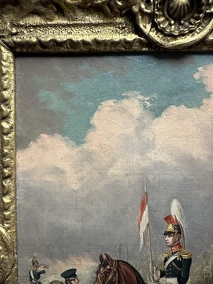 Lot 1122 - Attributed to Henry Martens (c.1790-1868) oil on canvas - Suffolk Yeomanry Cavalry, inscribed and dated 1845, 36cm x 25.5cm, in good gilt frame, together with a 19th century hand coloured engravin...