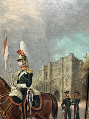 Lot 1122 - Attributed to Henry Martens (c.1790-1868) oil on canvas - Suffolk Yeomanry Cavalry, inscribed and dated 1845, 36cm x 25.5cm, in good gilt frame, together with a 19th century hand coloured engravin...