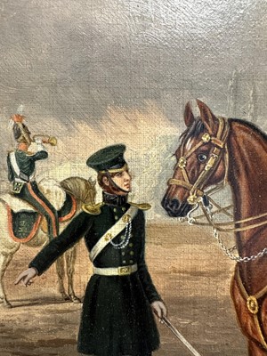 Lot 1122 - Attributed to Henry Martens (c.1790-1868) oil on canvas - Suffolk Yeomanry Cavalry, inscribed and dated 1845, 36cm x 25.5cm, in good gilt frame, together with a 19th century hand coloured engravin...