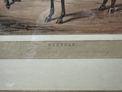Lot 1122 - Attributed to Henry Martens (c.1790-1868) oil on canvas - Suffolk Yeomanry Cavalry, inscribed and dated 1845, 36cm x 25.5cm, in good gilt frame, together with a 19th century hand coloured engravin...