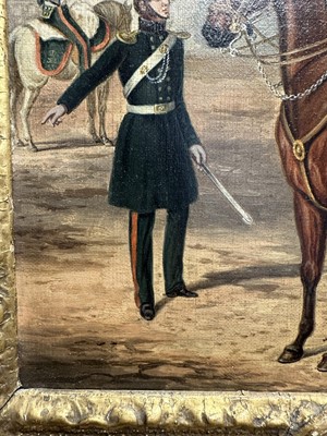 Lot 1122 - Attributed to Henry Martens (c.1790-1868) oil on canvas - Suffolk Yeomanry Cavalry, inscribed and dated 1845, 36cm x 25.5cm, in good gilt frame, together with a 19th century hand coloured engravin...