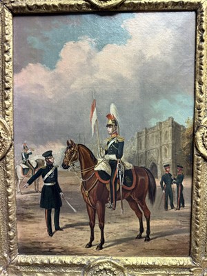 Lot 1122 - Attributed to Henry Martens (c.1790-1868) oil on canvas - Suffolk Yeomanry Cavalry, inscribed and dated 1845, 36cm x 25.5cm, in good gilt frame, together with a 19th century hand coloured engravin...