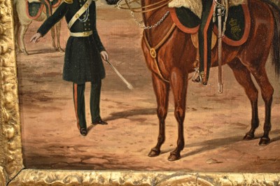 Lot 1122 - Attributed to Henry Martens (c.1790-1868) oil on canvas - Suffolk Yeomanry Cavalry, inscribed and dated 1845, 36cm x 25.5cm, in good gilt frame, together with a 19th century hand coloured engravin...