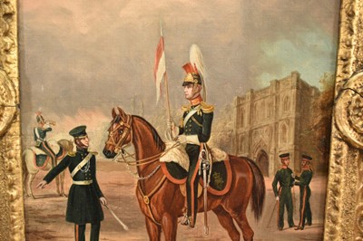 Lot 1122 - Attributed to Henry Martens (c.1790-1868) oil on canvas - Suffolk Yeomanry Cavalry, inscribed and dated 1845, 36cm x 25.5cm, in good gilt frame, together with a 19th century hand coloured engravin...