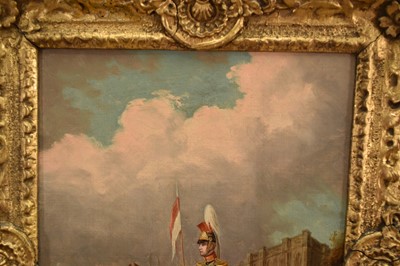 Lot 1122 - Attributed to Henry Martens (c.1790-1868) oil on canvas - Suffolk Yeomanry Cavalry, inscribed and dated 1845, 36cm x 25.5cm, in good gilt frame, together with a 19th century hand coloured engravin...