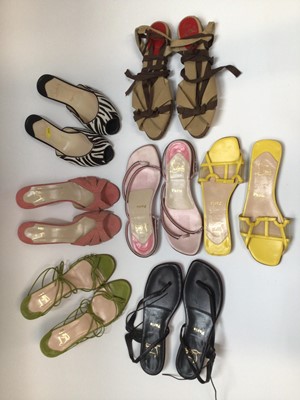 Lot 2170 - Seven pairs of Christian Louboutin sandals including a pair of unused black strap flat sandals, four other pairs of flats and two pairs of heels, sizes 39½- 40
