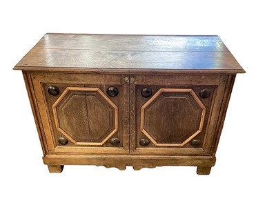 Lot 1315 - Rare 18th century Channel Island oak dresser, enclosed by pair of geometric panelled doors on stiles, 135cm wide x 61cm deep x 93cm high