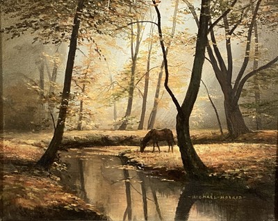 Lot 106 - Michael Morris (1938-2010) oil on canvas November in the New Forest, Hampshire, signed, titled verso, 20cm x 25cm, in gilt frame