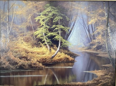 Lot 107 - Christopher Osborne (b.1947) oil on board - Woodland Waters, signed, titled verso, 46cm x 60cm, in gilt frame