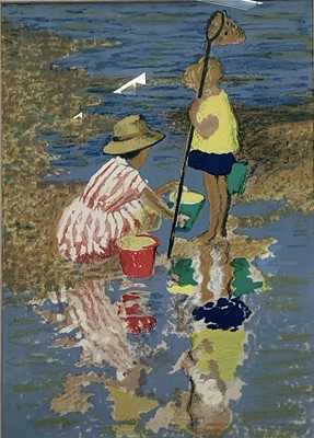 Lot 73 - Charles James McCall (1907-1989) coloured lithograph - Children on the Shore, 53cm x 38cm, in glazed frame