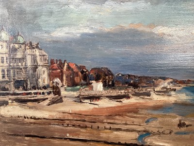 Lot 90 - English School, early 20th century, oil on panel - Coastal Town, 26cm x 35cm, unframed