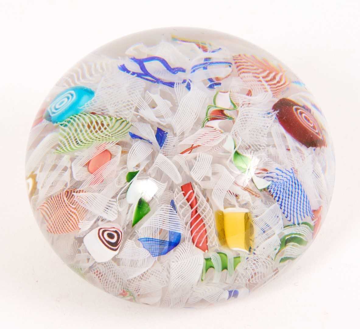 Lot 226 - 19th century scrambled glass paperweight, probably Baccarat, with latticino and spiral canes