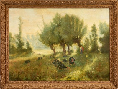 Lot 1276 - Ferdinand Maillaud (1862-1948) oil on canvas - Turkeys and a Figure in a Landscape, signed, 74cm x 100cm, in gilt frame