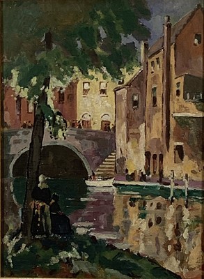 Lot 103 - Post impressionist school oil on paper - Canal scene, 44cm x 32cm, in glazed frame