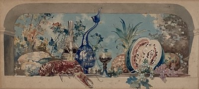 Lot 102 - Continental watercolour -Still life on a ledge, 15cm x 33cm, in gilt frame