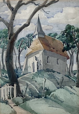 Lot 101 - Phylis Johnston (act 1917-1936) watercolour - Church on the Hill, 39cm x 27cm, in glazed frame