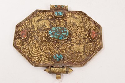 Lot 1109 - Tibetan repousse brass and turquoise gau box
