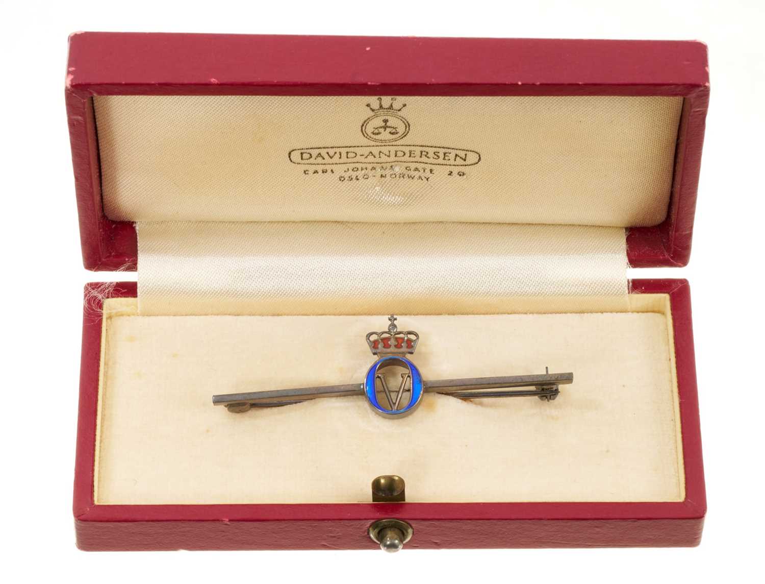 Lot 28 - King Olaf of Sweden Royal presentation silver and enamel bar brooch in case
