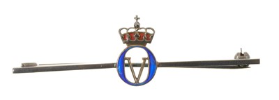 Lot 28 - King Olaf of Sweden Royal presentation silver and enamel bar brooch in case