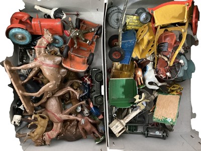Lot 205 - Lead selection various manufacturers including farm vehicles, horse & carts, tractors, dove cots, plus some Zoo animals (2 boxes)