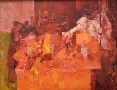Lot 1411 - English School, 20th century oil on board - The Market Stall, 70cm x 90cm, framed