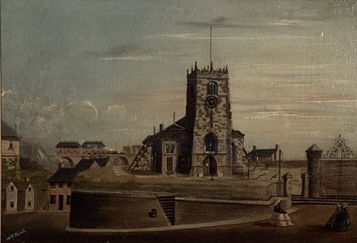 Lot 172 - E. Worrall (fl 1870’s) oil on paper - Bolton Old Parish Church, signed, 24cm x 35cm, in glazed frame