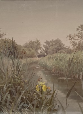 Lot 173 - Anthony Day (1922-2023) gouache - ‘Yellow Flag’, fen landscape dated 1987, 69cm x 52cm, in glazed aluminium frame