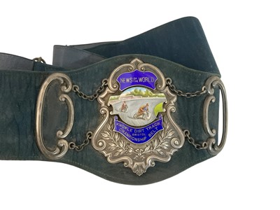 Lot 2634 - Speedway interest: Fine 1920s championship belt, mounted with silver plaques and central silver and enamel plaque