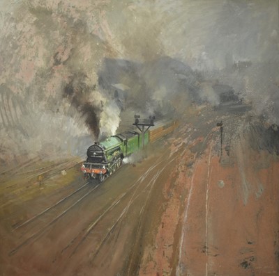 Lot 1377 - John Osborne (b. 1939) oil on board - Steam Train, signed, 75cm x 75cm, framed