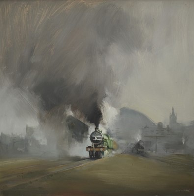 Lot 1378 - John Osborne (b. 1939) oil on board - Steam Train leaving the city, signed, 75cm x 75cm, framed