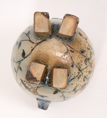 Lot 208 - Martin Brothers stoneware squat twin-handled vase, on four block feet, decorated with birds, signed to base, 9.5cm high