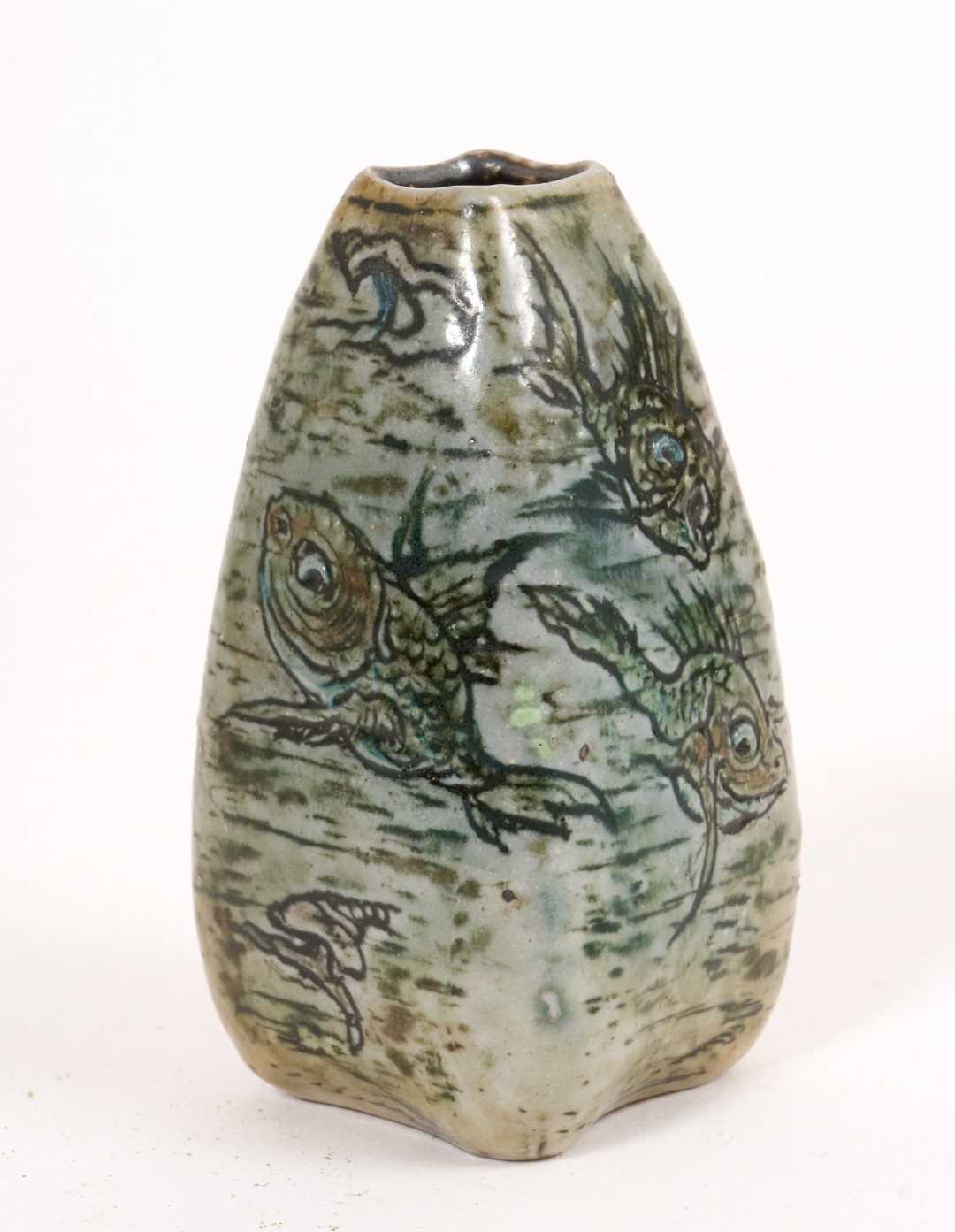 Lot 209 - Martin Brothers stoneware 'Aquatic' vase, late 19th/early 20th century, of square tapering form, decorated with grotesque fish and a crab, signed to base, 8.5cm high