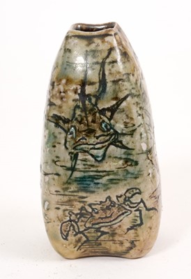 Lot 209 - Martin Brothers stoneware 'Aquatic' vase, late 19th/early 20th century, of square tapering form, decorated with grotesque fish and a crab, signed to base, 8.5cm high