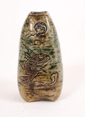 Lot 209 - Martin Brothers stoneware 'Aquatic' vase, late 19th/early 20th century, of square tapering form, decorated with grotesque fish and a crab, signed to base, 8.5cm high