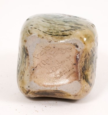 Lot 209 - Martin Brothers stoneware 'Aquatic' vase, late 19th/early 20th century, of square tapering form, decorated with grotesque fish and a crab, signed to base, 8.5cm high