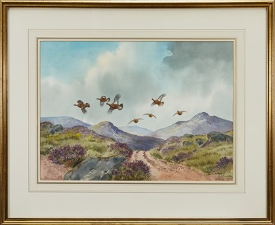 Lot 1232 - *Robert W Milliken (1920-2014) watercolour - Grouse over the Hill, signed, 36.5cm x 50cm, in glazed gilt frame