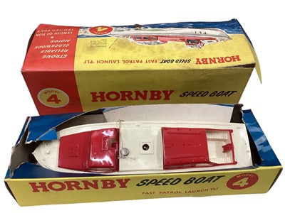 Lot 300 - Hornby speed boat, Fast Patrol Launch model 4, Hornby speed boat RAF Range Safety Launch 1640 and Marx battery opperated remote control M1 Police car, all boxed.