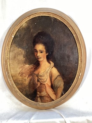 Lot 237 - English School 19th century, oil on canvas laid on board, portrait of Mrs J. Princep standing in a landscape, oval in gilt frame, inscribed verso. 27 x 21cm.