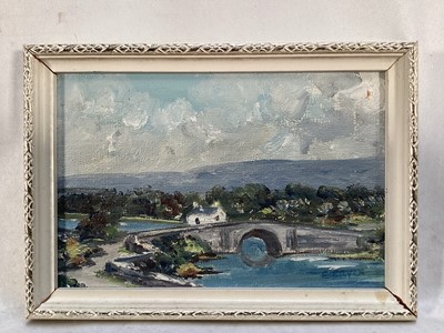 Lot 238 - Irish School 20th century, oils on board, Lackagh Bridge Co. Donegal and another Irish view, a pair in painted frames. Each 9.5 x 15cm. (2)
