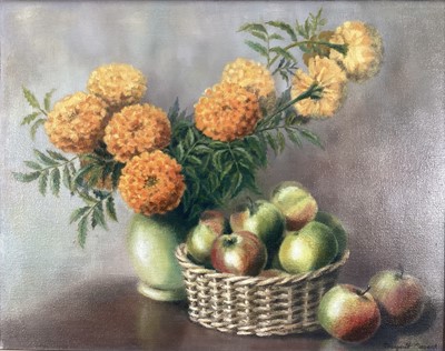 Lot 241 - Margaret Cusack, oil on canvas, still life of fruit and flowers, signed also label verso, in gilt frame. 40 x 50cm.