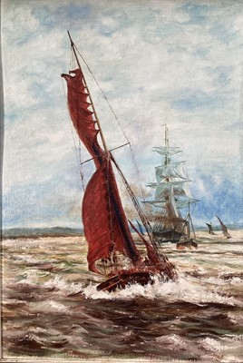 Lot 243 - James Donnelly, oil on board, sailing barges in a stiff breeze, signed, in painted frame. 64 x 44cm.