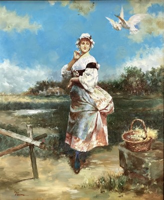 Lot 244 - Terome, 20th century, oil on canvas, young lady watching doves above her head, signed. 60 x 49cm.