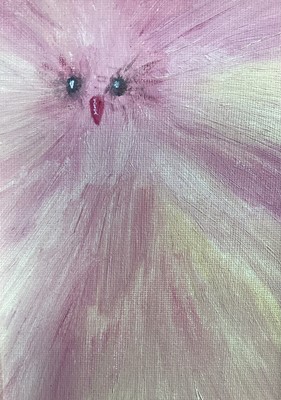 Lot 245 - Jesamine James, oil on board, "A Very Fluffy Chicken", signed and inscribed verso, in painted frame. 17 x 12cm.