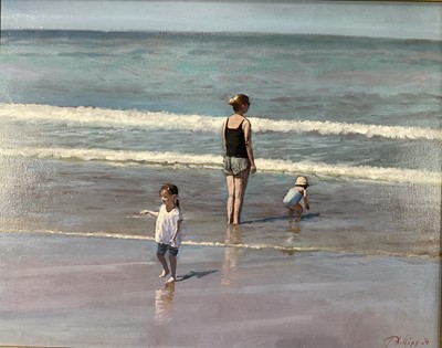 Lot 246 - Peter Z. Phillips, oil on canvas, A mother and her two children paddling in the surf, signed in gilt frame. 41 x 51cm.