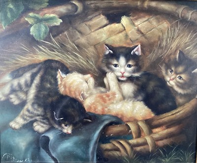 Lot 248 - English School, early 20th century, oil on board, Kittens in a basket, in gilt frame, indistinctly signed. 27 x 34cm.