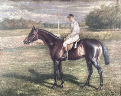 Lot 252 - V. Pryde, oil on canvas board, bay hunter with jockey up, signed, in gilt frame. 31 x 40cm.