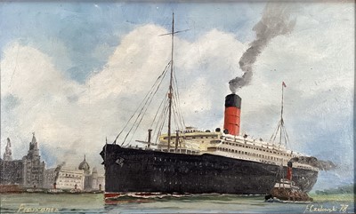 Lot 254 - F. Czolowski, Ocean liner Franconia entering harbour, signed, inscribed and dated '78, in wooden frame. 29 x 49cm.