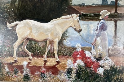 Lot 255 - After Sir Alfred J Munnings, oil on board, young lady leading a white pony along a river bank, in gilt frame. 49 x 75cm.