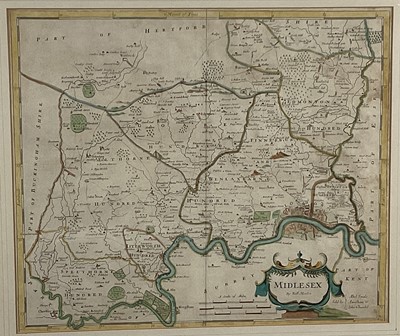 Lot 174 - Robert Morden 18th century hand-coloured engraved map of Middlesex, 36cm x 42cm in Hogarth frame, and one other, 18cm x 24cm. (2)